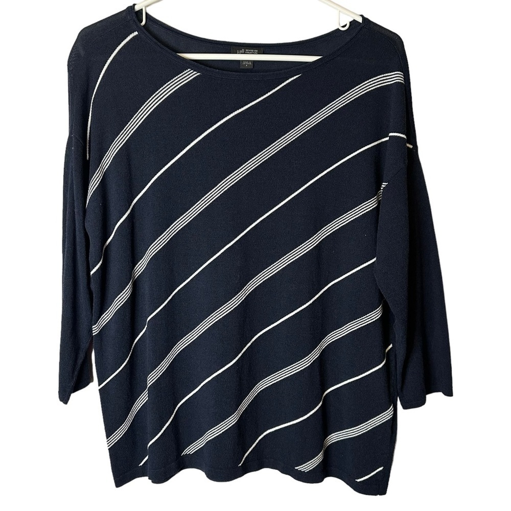 J Jill Wearever Navy White Stripe Top Small 3/4 Sleeve Boat Neck Casual Knit
